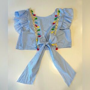 Striped women’s Blue Crop Top with Colorful Tassels size XL